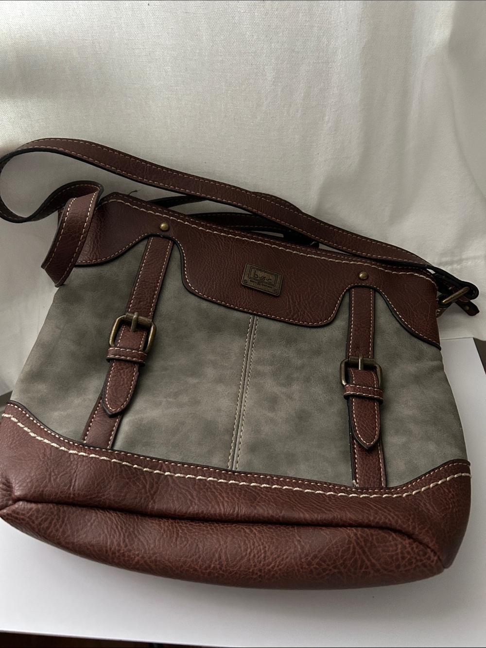 b.o.c. Gray Crossbody Bag with brown faux leather trim